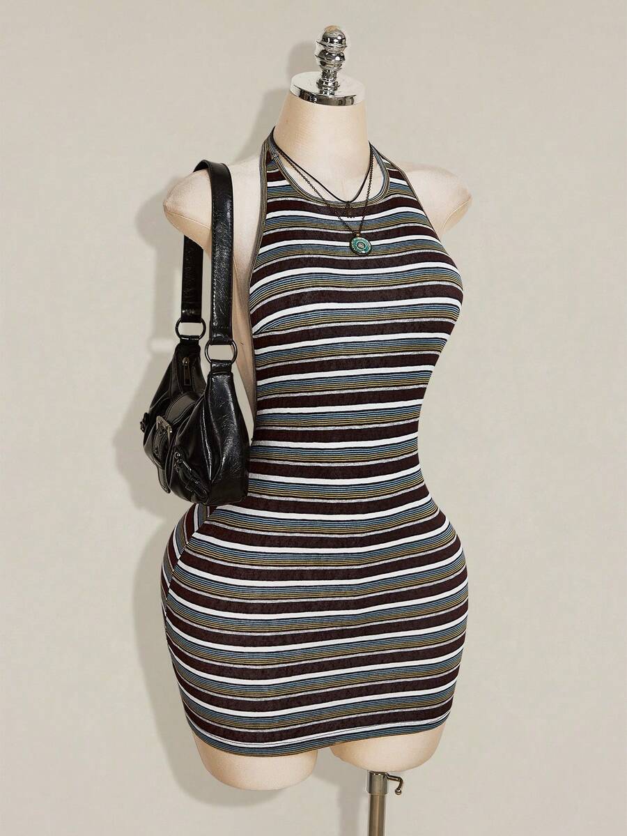 Apricot criss-cross backless bodycon mini dress for women featuring a round neck and rhinestone accent details.