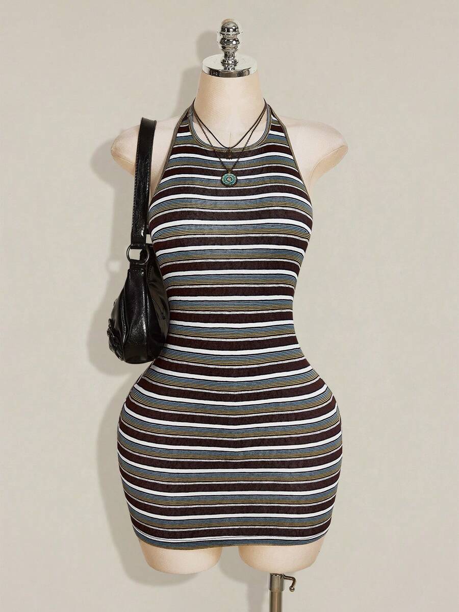 Apricot criss-cross backless bodycon mini dress for women featuring a round neck and rhinestone accent details.