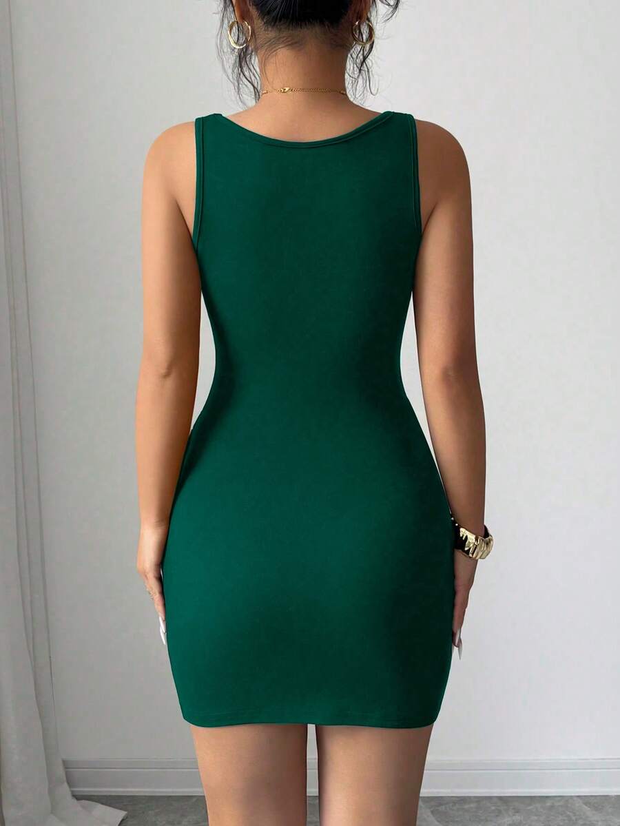 Sleeveless black bodycon mini dress featuring a square neckline, faux boning trim, and ruched waist detail.