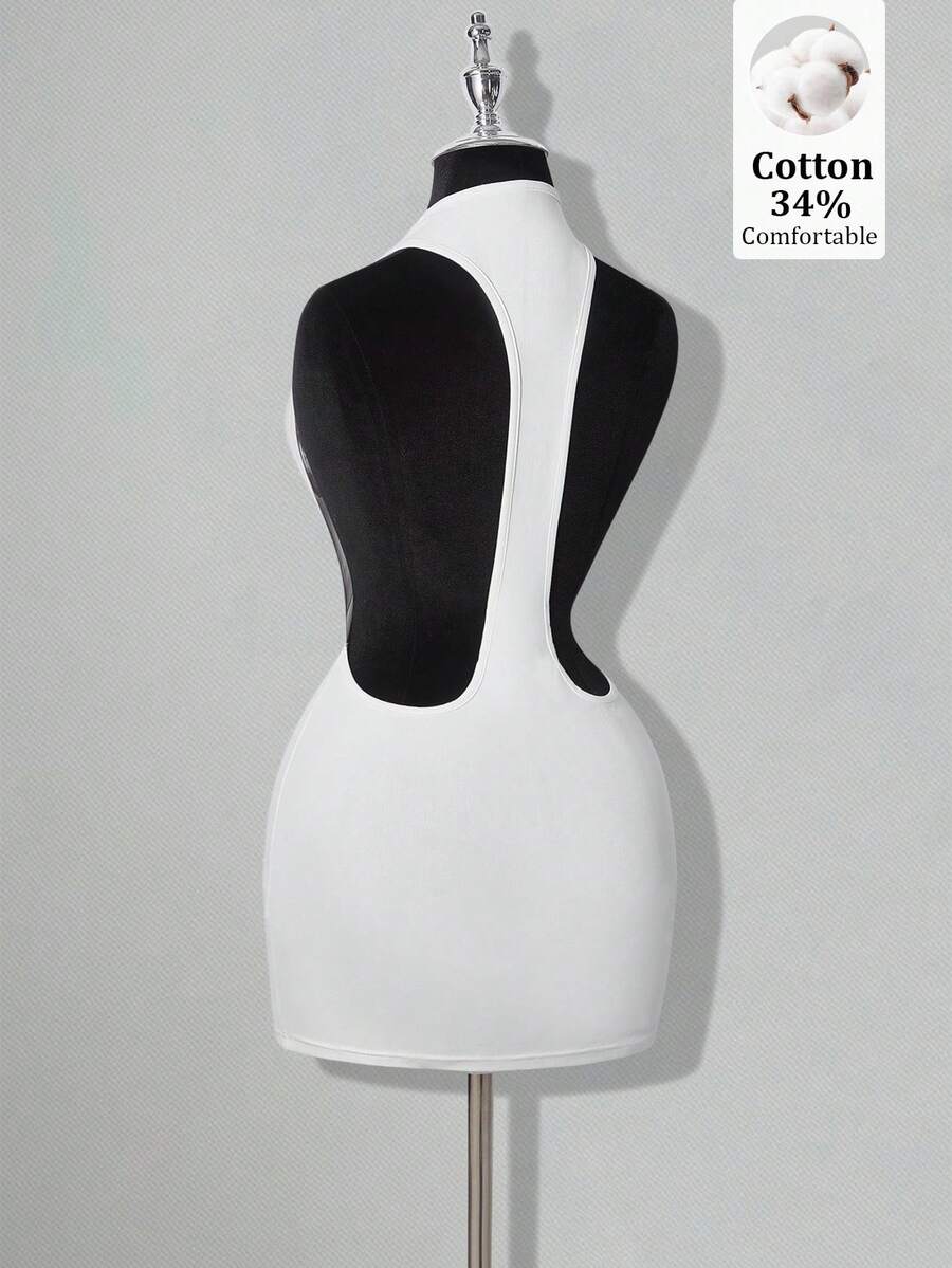 Apricot criss-cross backless bodycon mini dress for women featuring a round neck and rhinestone accent details.