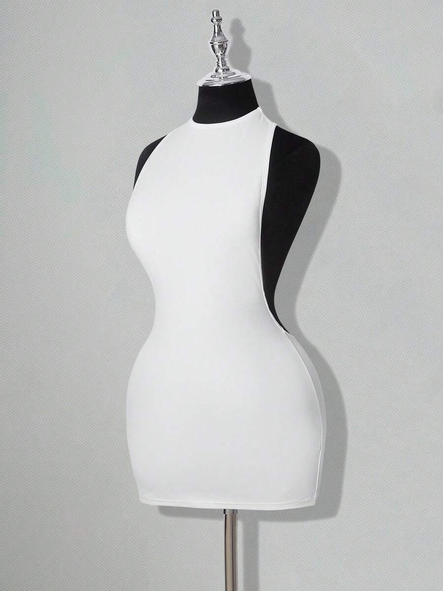 Apricot criss-cross backless bodycon mini dress for women featuring a round neck and rhinestone accent details.