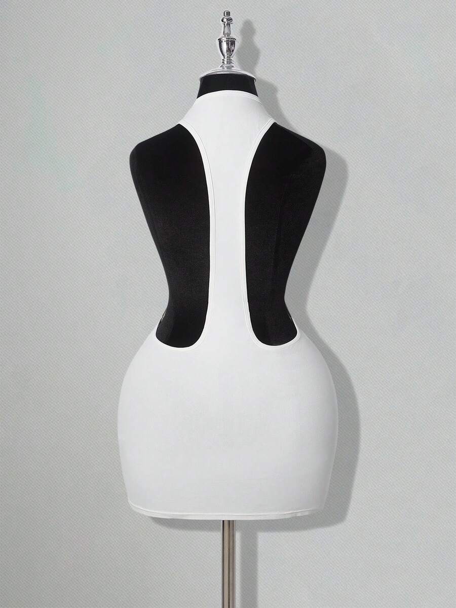 Apricot criss-cross backless bodycon mini dress for women featuring a round neck and rhinestone accent details.