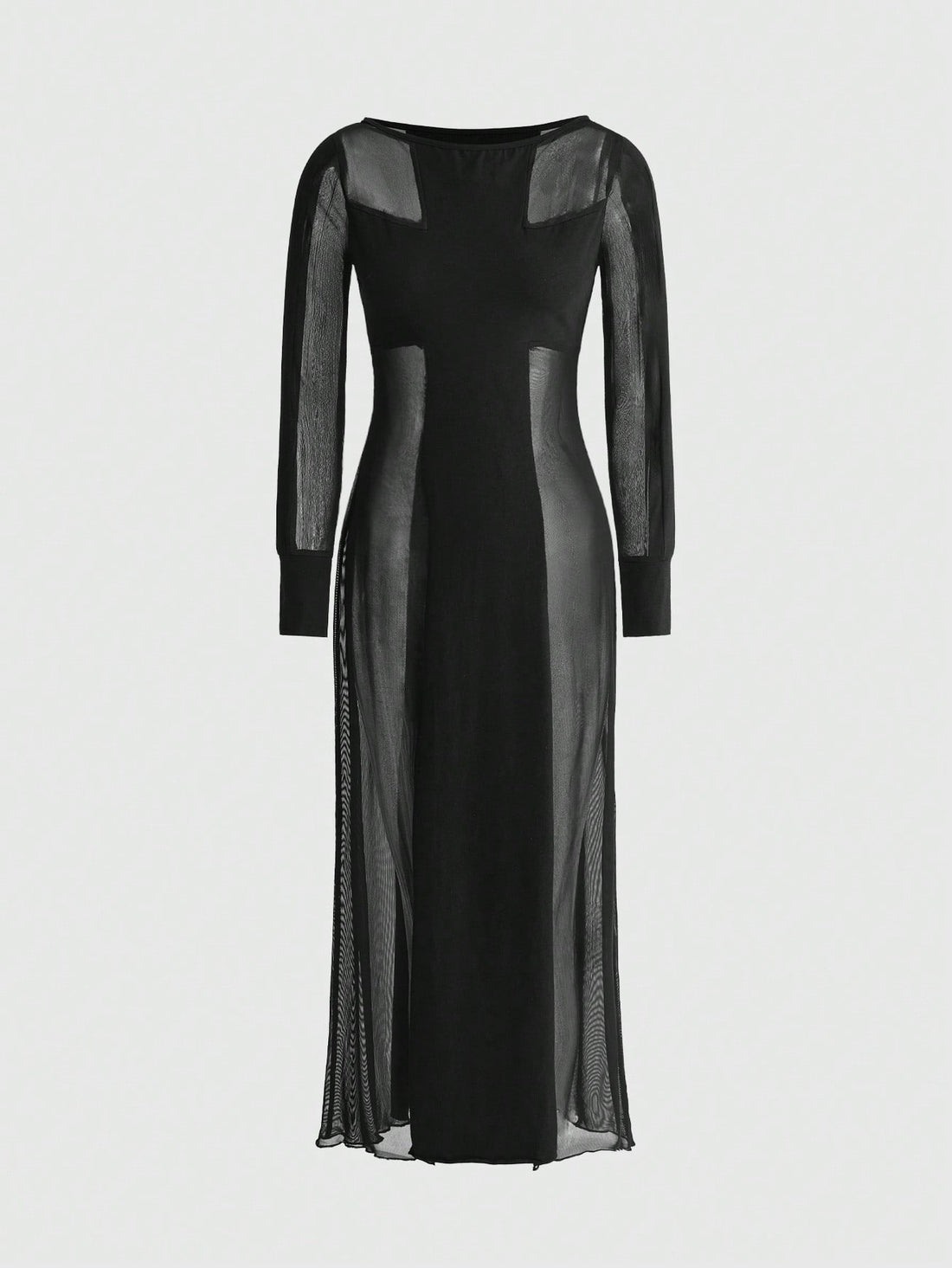 Black gothic sheer mesh bodycon maxi dress for women featuring long sleeves, round neck, split thigh, and high waist.