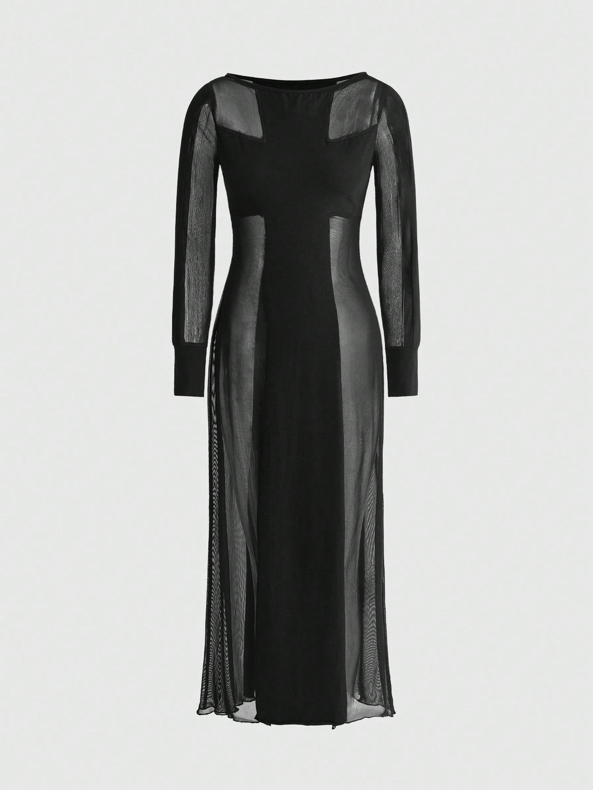 Black gothic sheer mesh bodycon maxi dress for women featuring long sleeves, round neck, split thigh, and high waist.