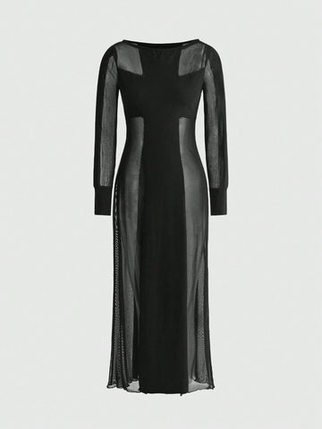 Black gothic sheer mesh bodycon maxi dress for women featuring long sleeves, round neck, split thigh, and high waist.
