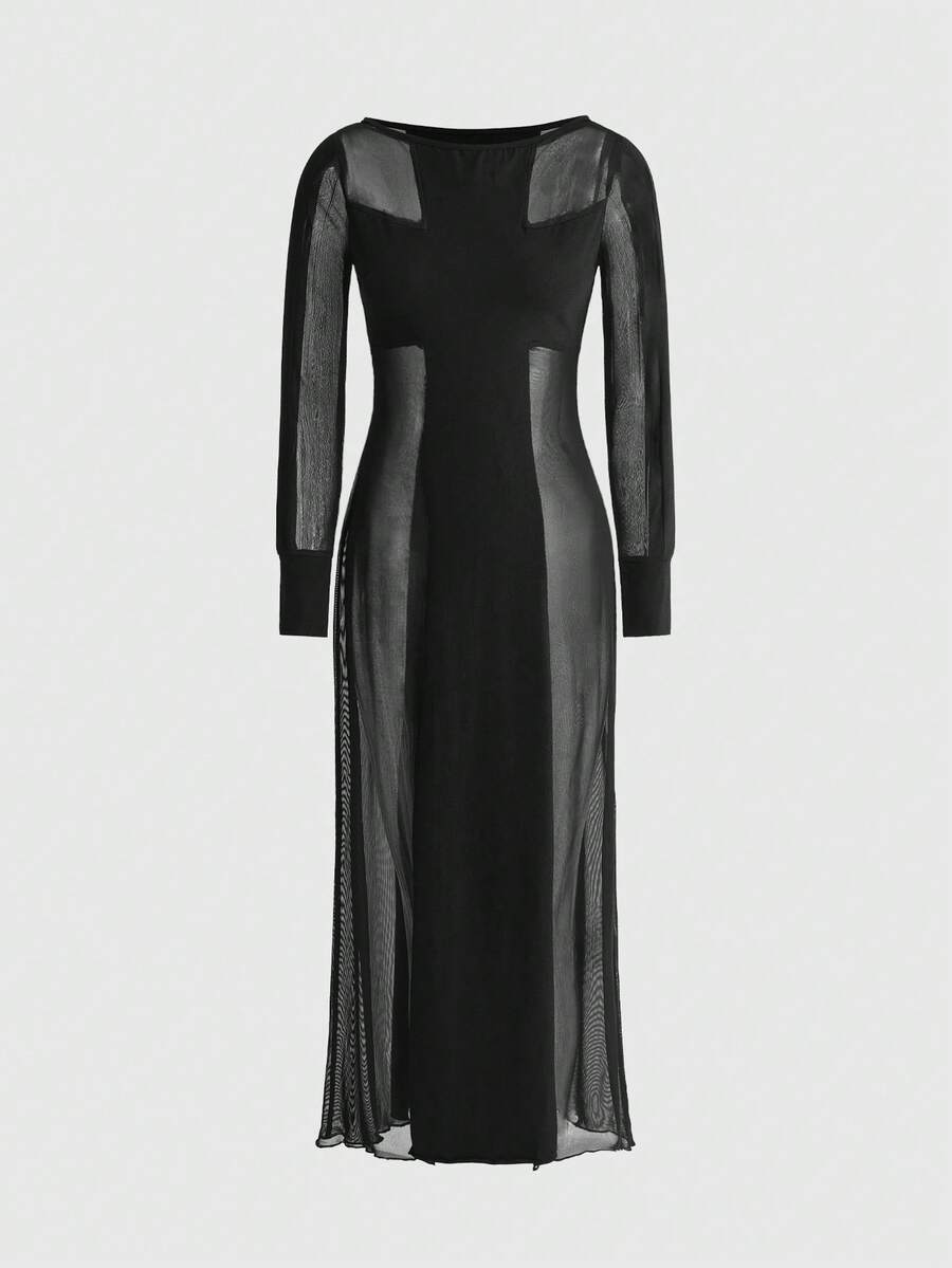 Black gothic sheer mesh bodycon maxi dress for women featuring long sleeves, round neck, split thigh, and high waist.