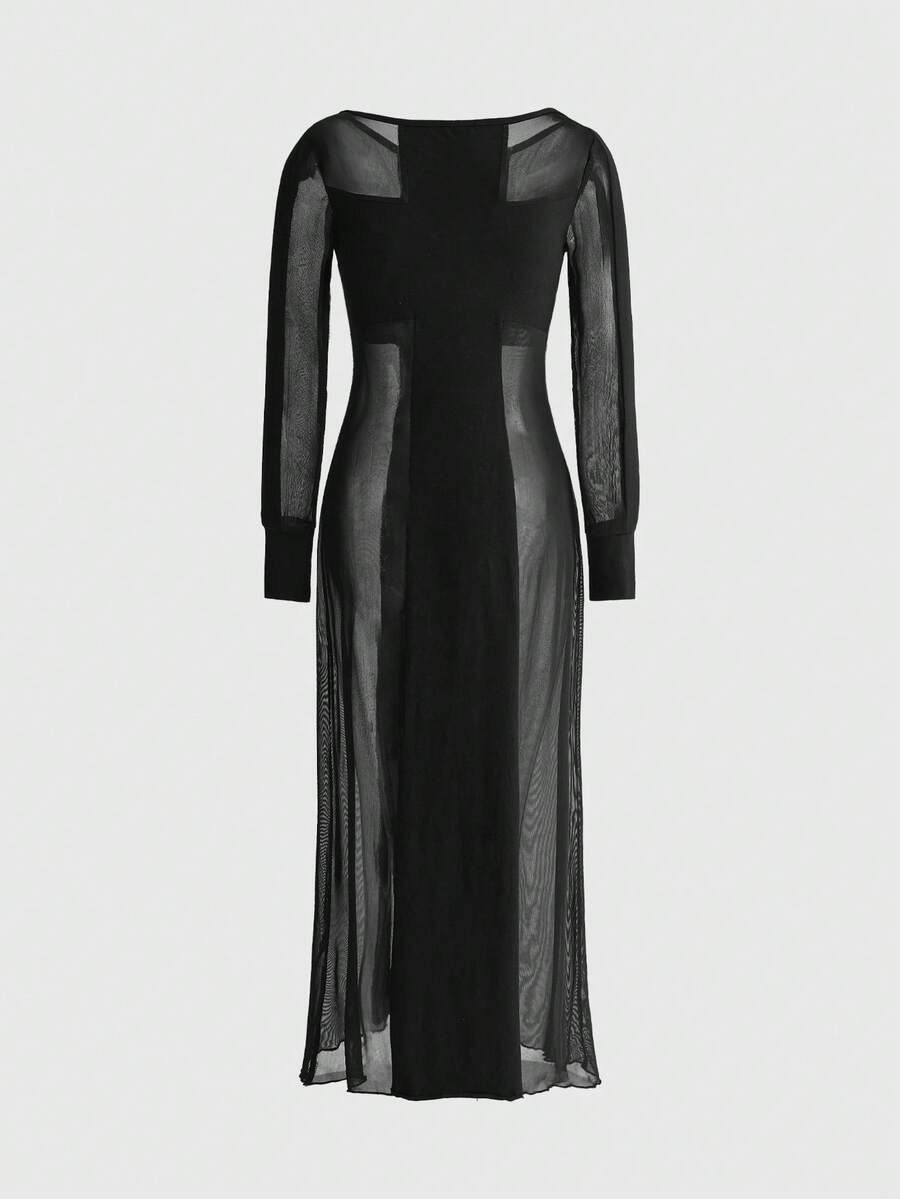 Black gothic sheer mesh bodycon maxi dress for women featuring long sleeves, round neck, split thigh, and high waist.