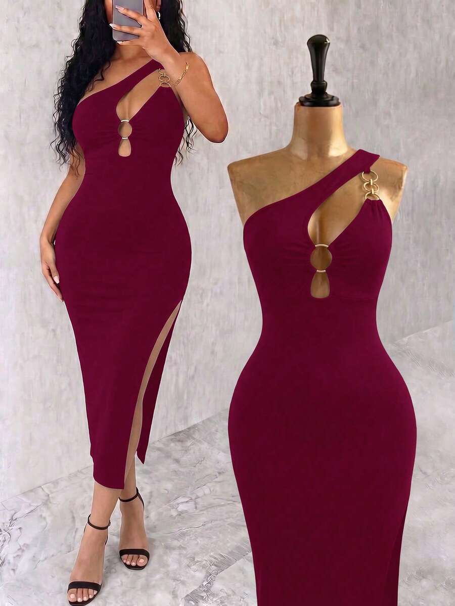 Sleeveless asymmetrical neck bodycon dress featuring cut-out waist detailing and side slit hem for women.