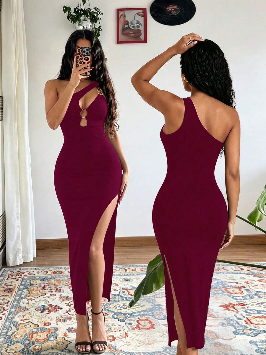 Sleeveless asymmetrical neck bodycon dress featuring cut-out waist detailing and side slit hem for women.