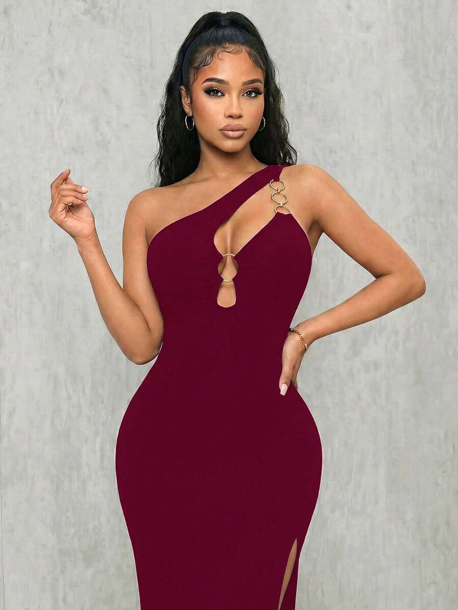 Sleeveless asymmetrical neck bodycon dress featuring cut-out waist detailing and side slit hem for women.