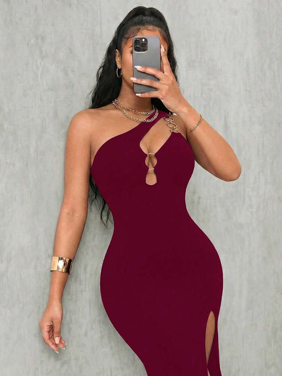 Sleeveless asymmetrical neck bodycon dress featuring cut-out waist detailing and side slit hem for women.