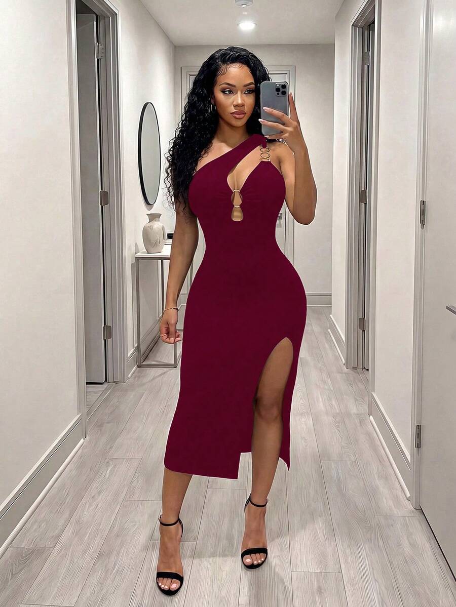 Sleeveless asymmetrical neck bodycon dress featuring cut-out waist detailing and side slit hem for women.