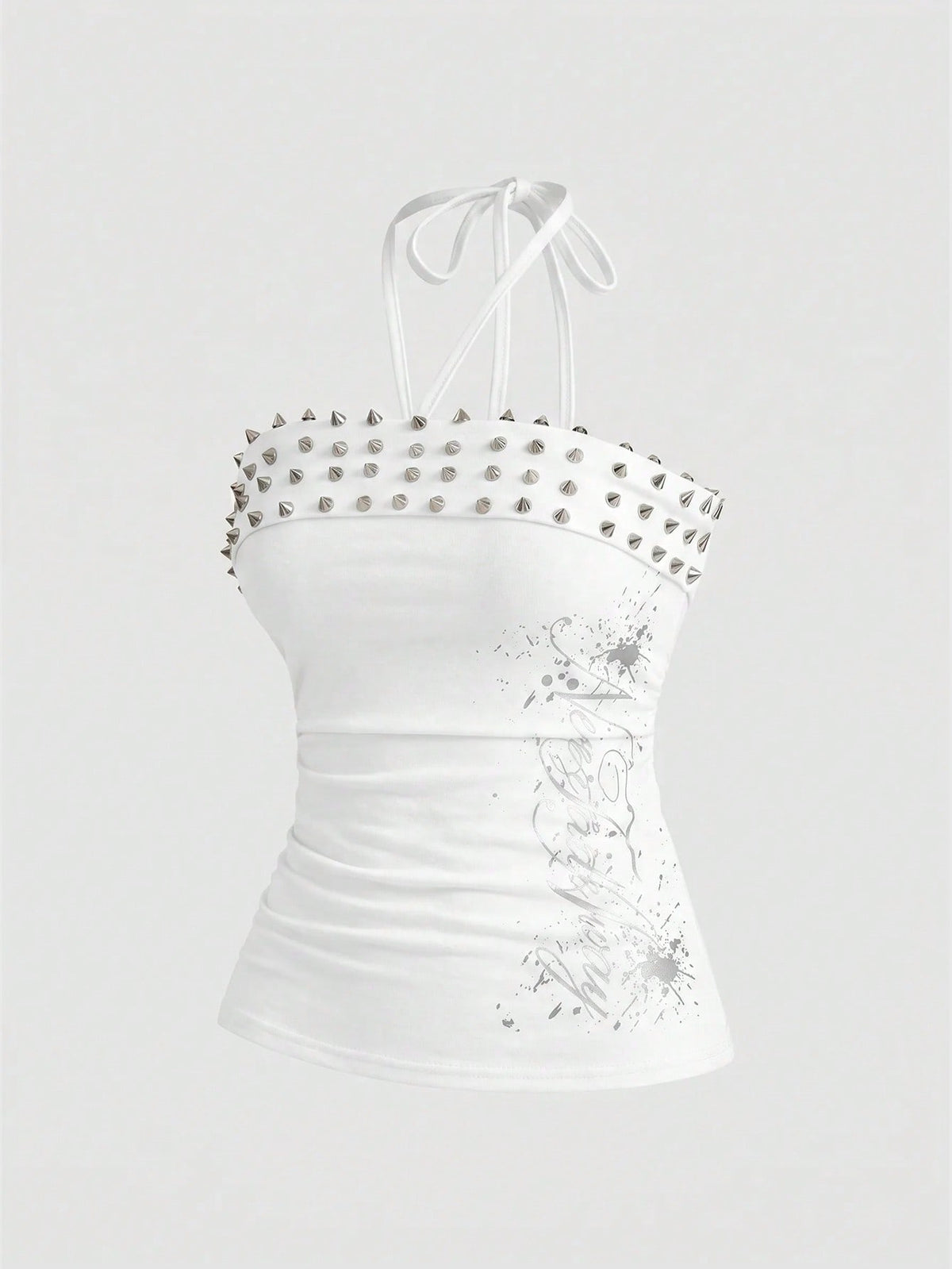 Women's sleeveless halter cropped camisole top in black with graphic slogan print and studded detailing.