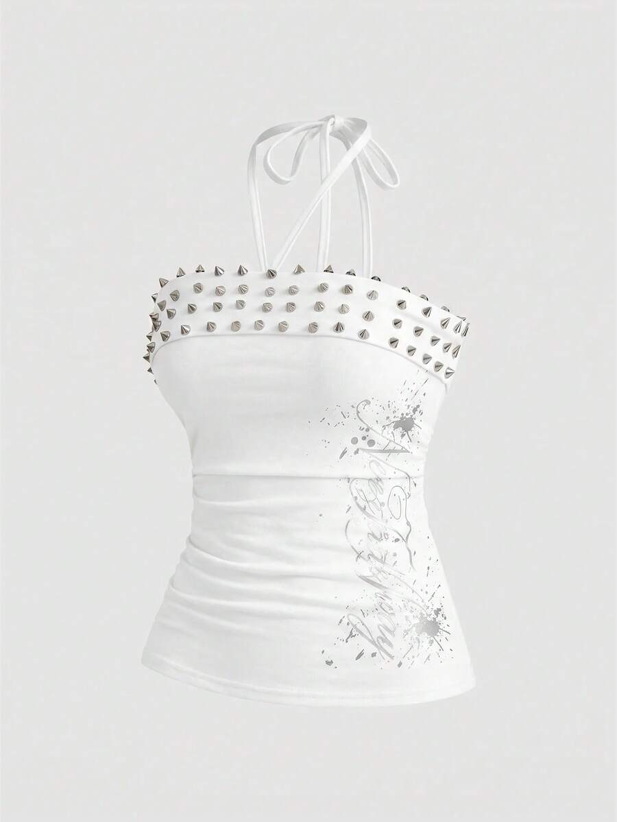 Women's sleeveless halter cropped camisole top in black with graphic slogan print and studded detailing.