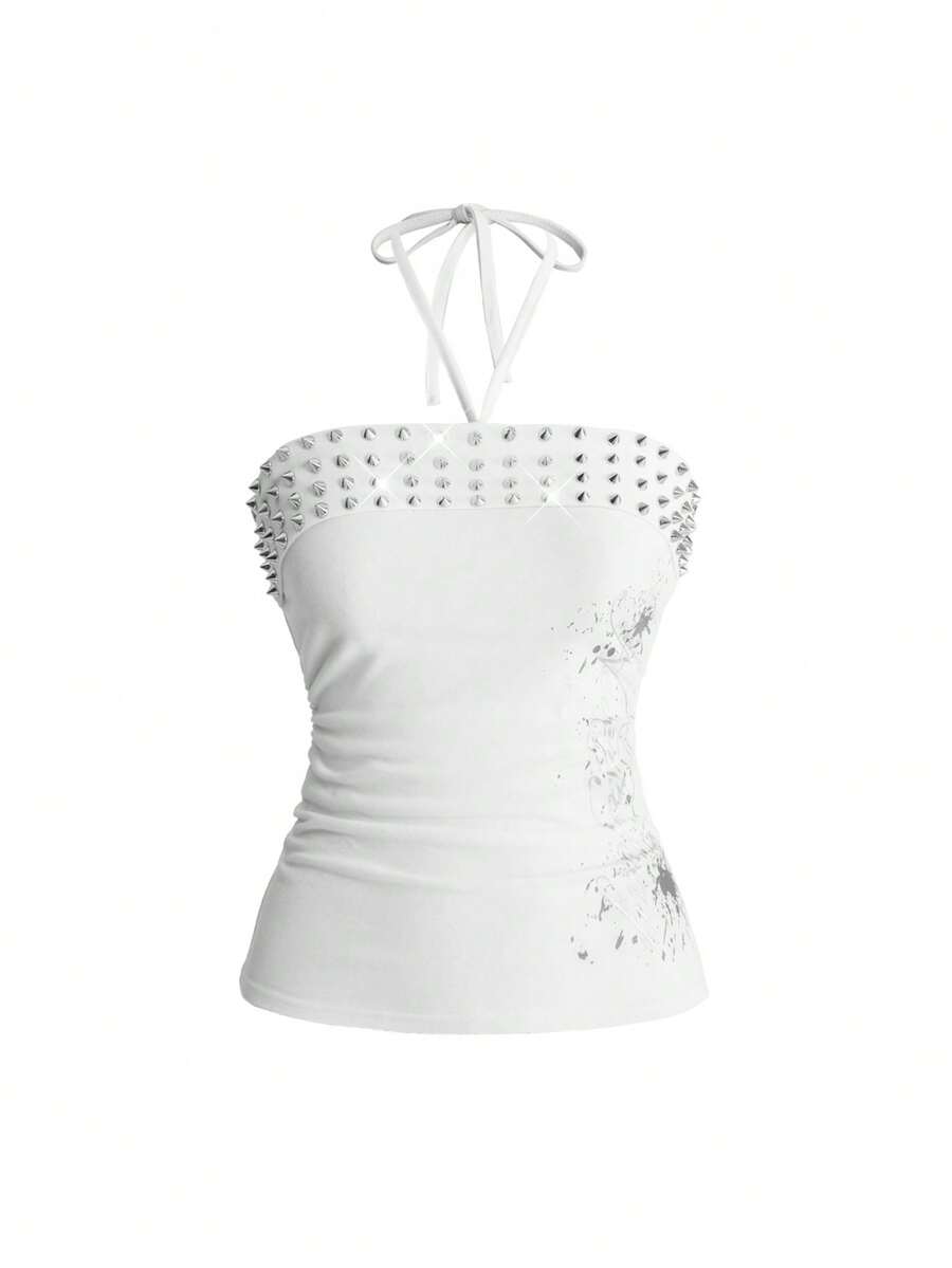 Women's sleeveless halter cropped camisole top in black with graphic slogan print and studded detailing.