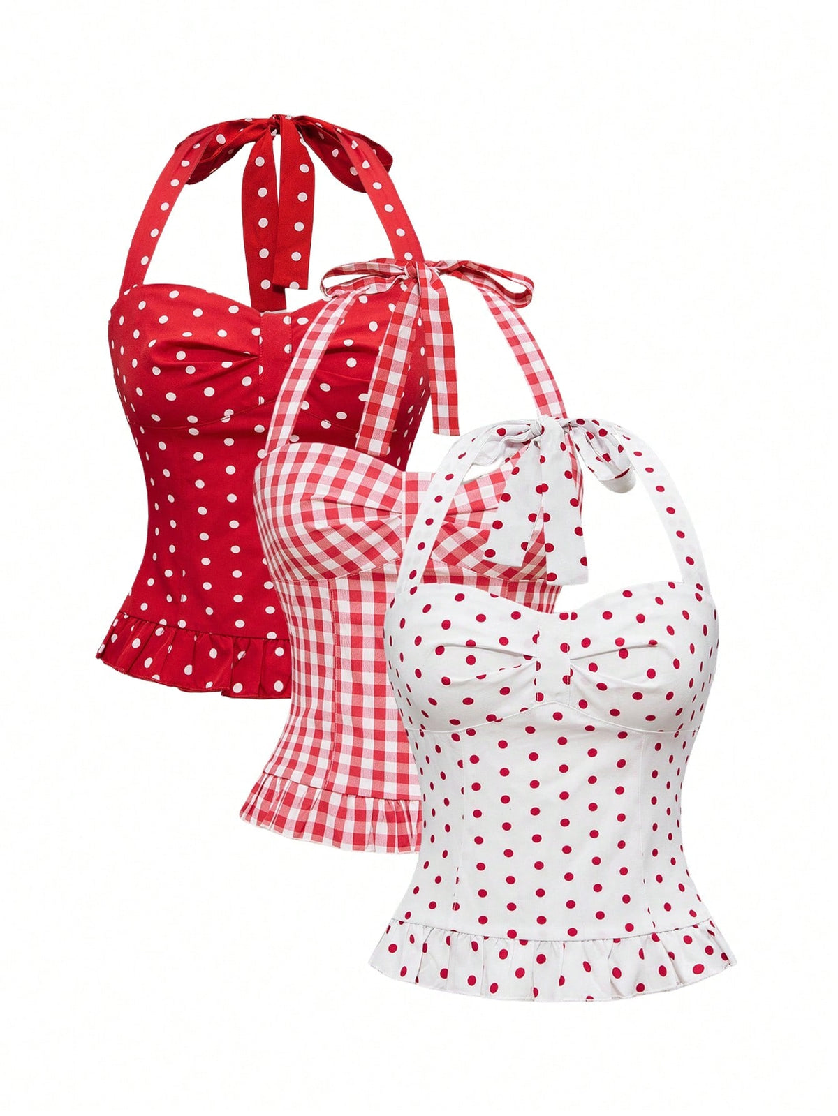 Pink plaid backless halter camisole set with ruched bust, knot detail, and ruffle hem for women.