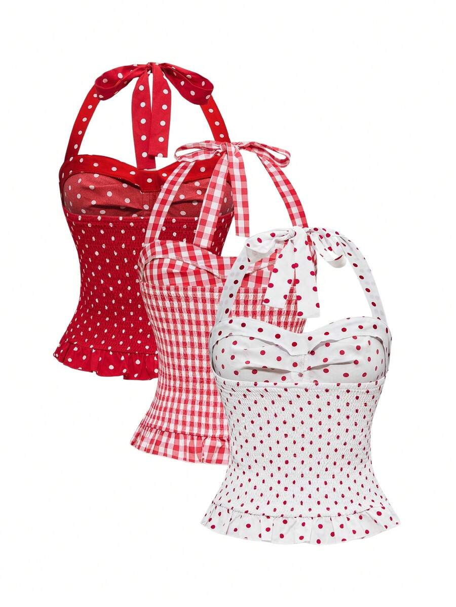 Pink plaid backless halter camisole set with ruched bust, knot detail, and ruffle hem for women.