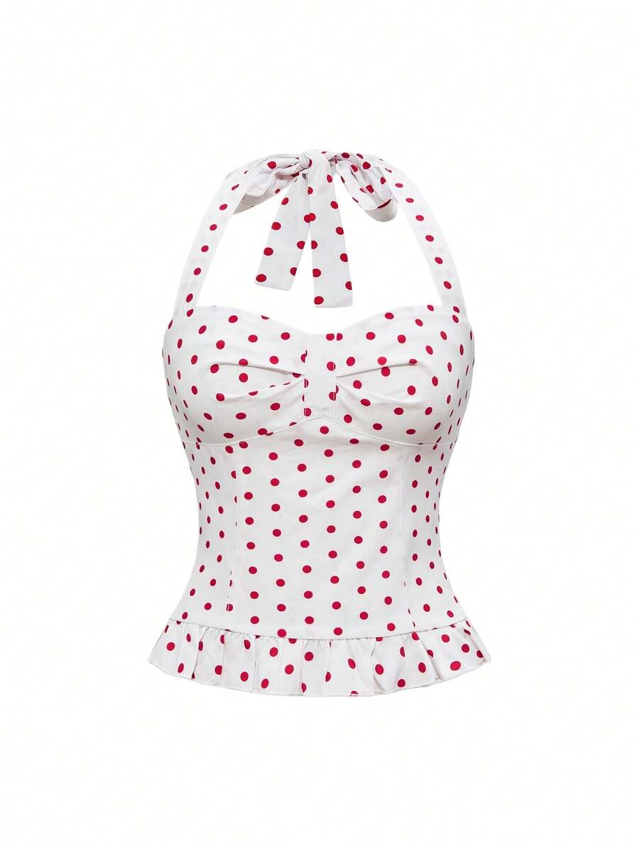 Pink plaid backless halter camisole set with ruched bust, knot detail, and ruffle hem for women.