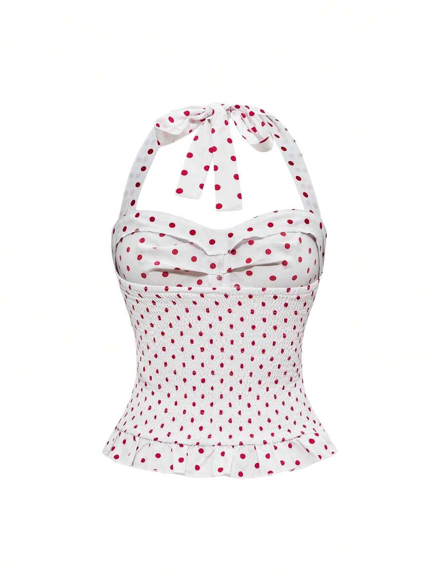 Pink plaid backless halter camisole set with ruched bust, knot detail, and ruffle hem for women.
