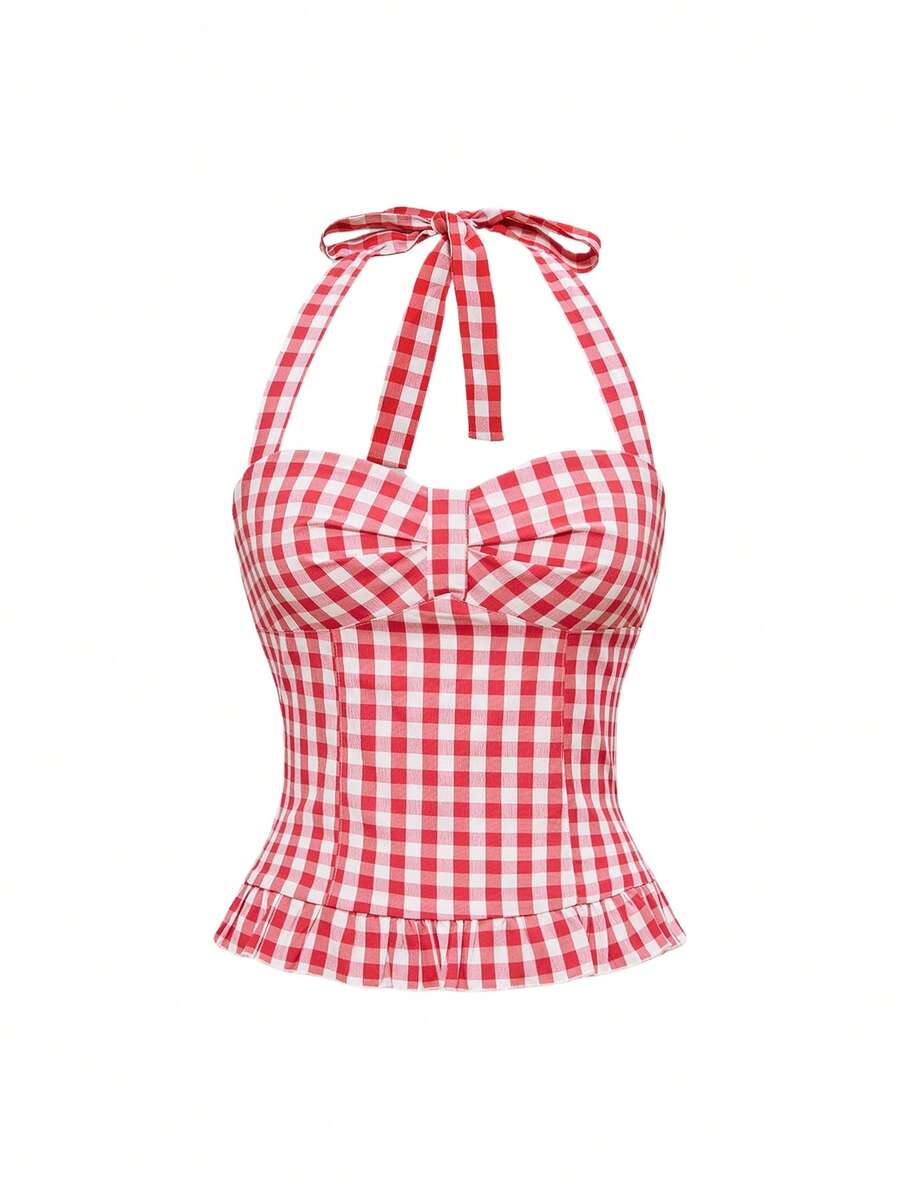 Pink plaid backless halter camisole set with ruched bust, knot detail, and ruffle hem for women.