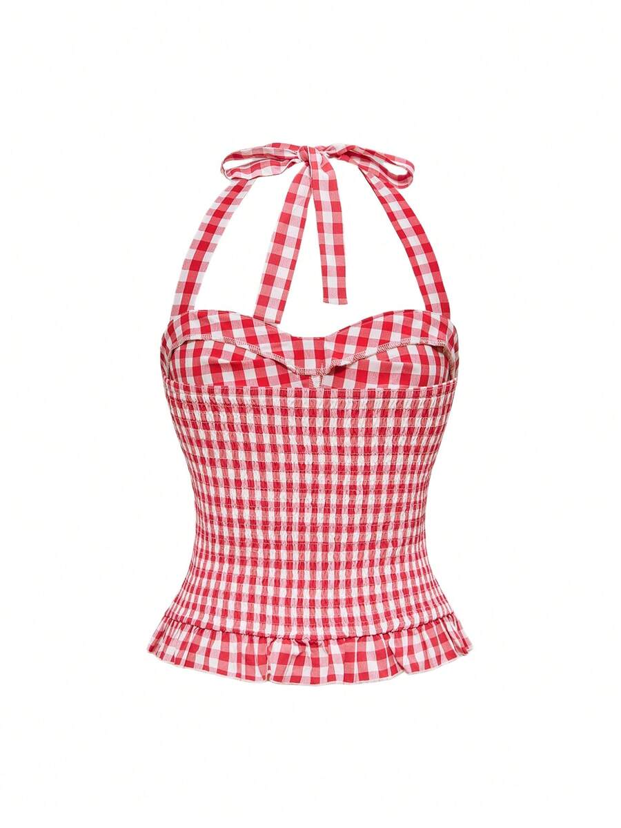 Pink plaid backless halter camisole set with ruched bust, knot detail, and ruffle hem for women.