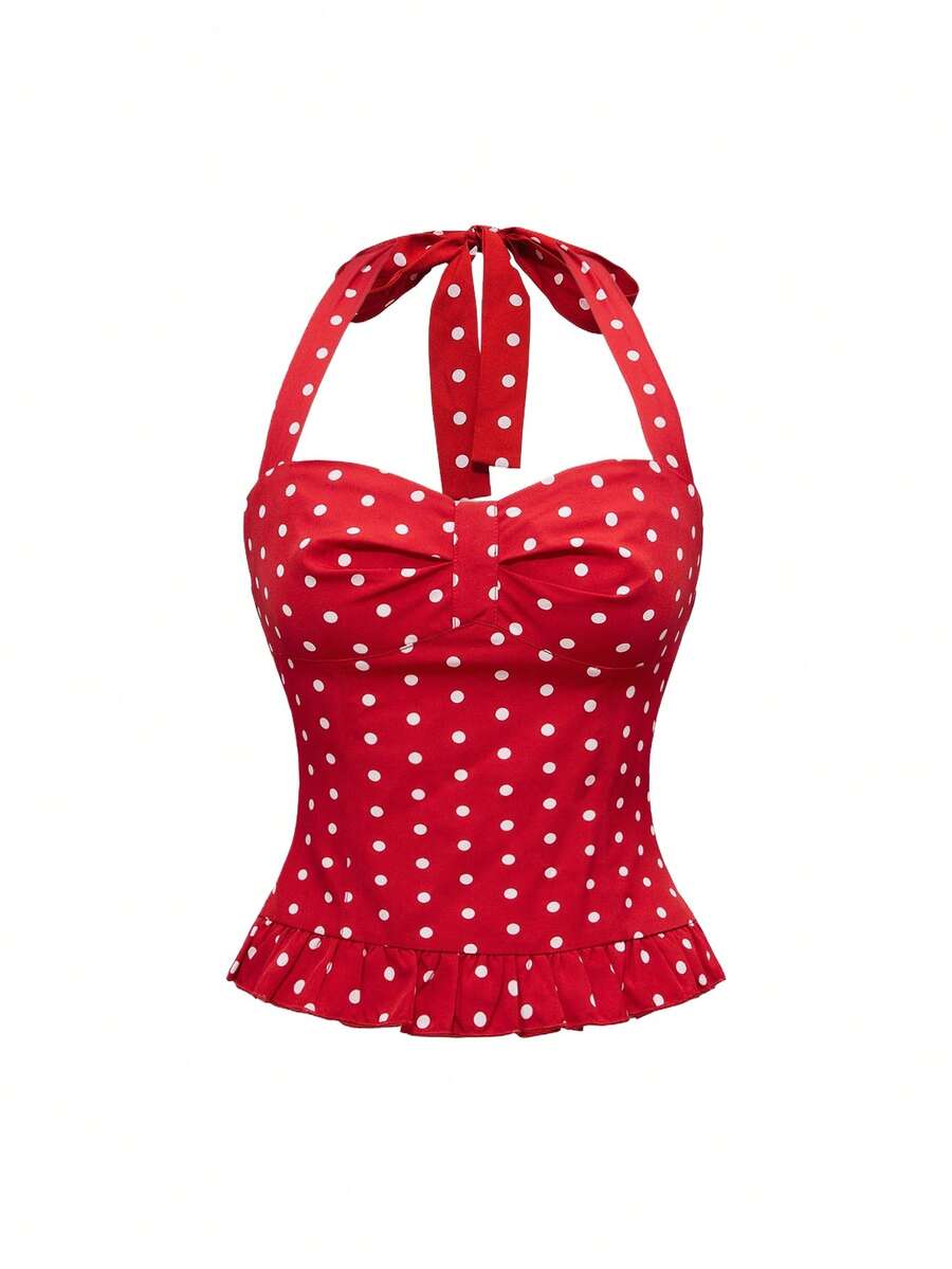 Pink plaid backless halter camisole set with ruched bust, knot detail, and ruffle hem for women.