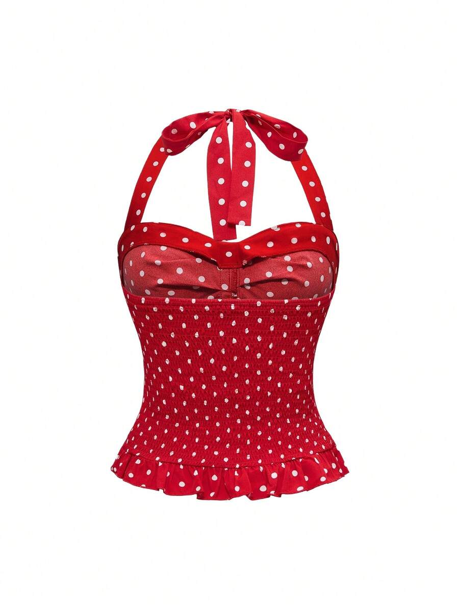 Pink plaid backless halter camisole set with ruched bust, knot detail, and ruffle hem for women.