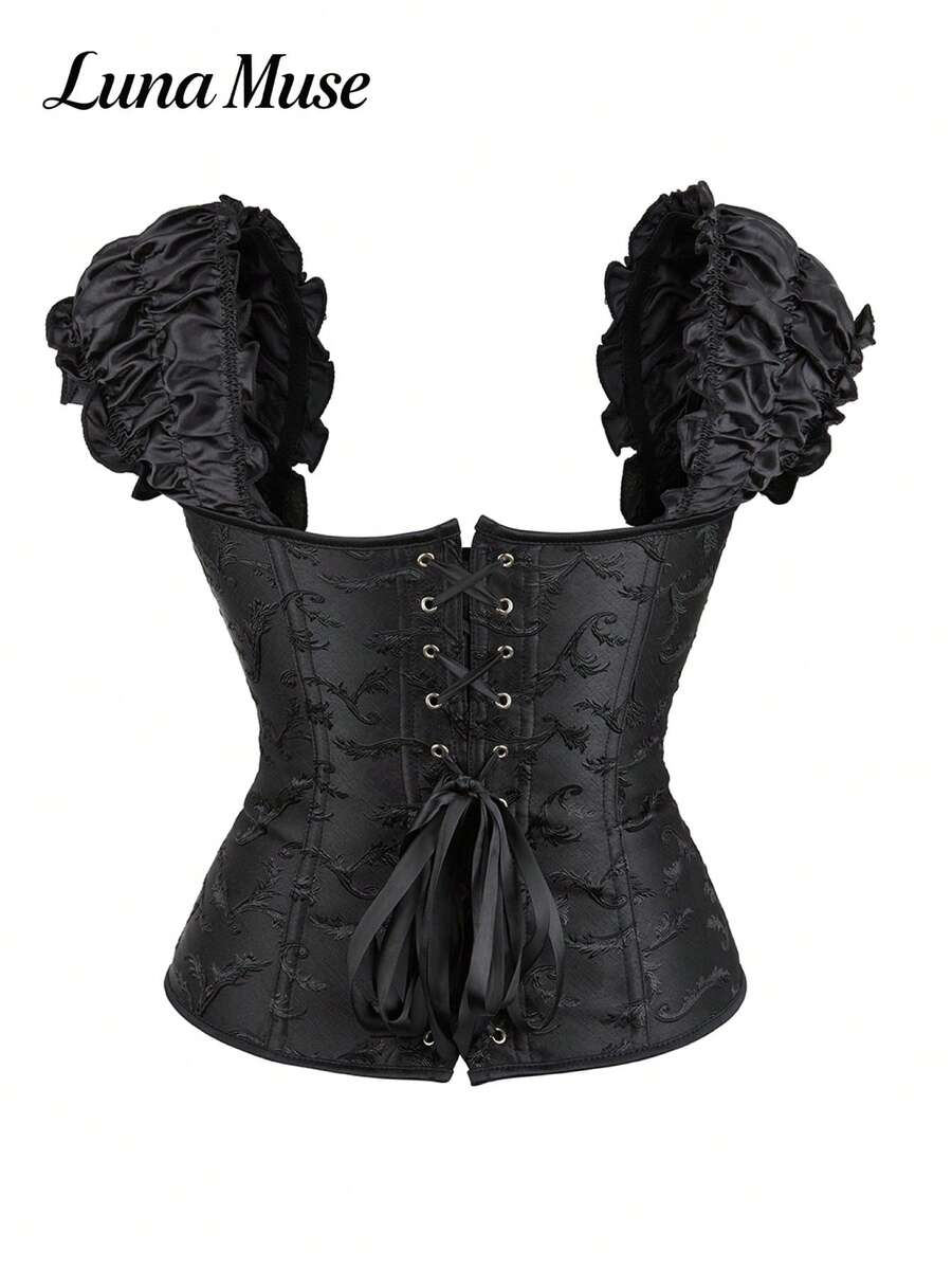 Women's jacquard bustier top with sweetheart neckline, boned construction, backless tie-back detail, and slim fit gothic style design.