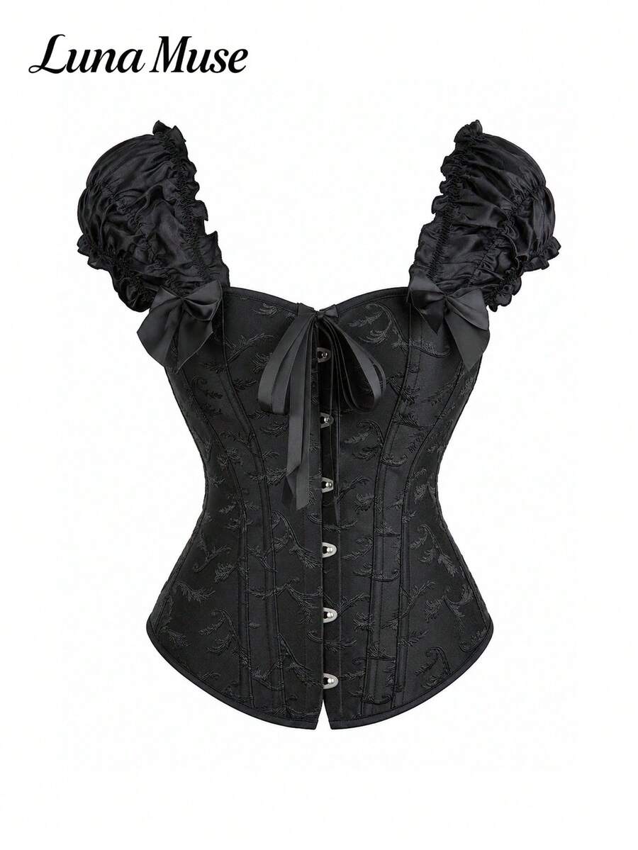 Women's jacquard bustier top with sweetheart neckline, boned construction, backless tie-back detail, and slim fit gothic style design.