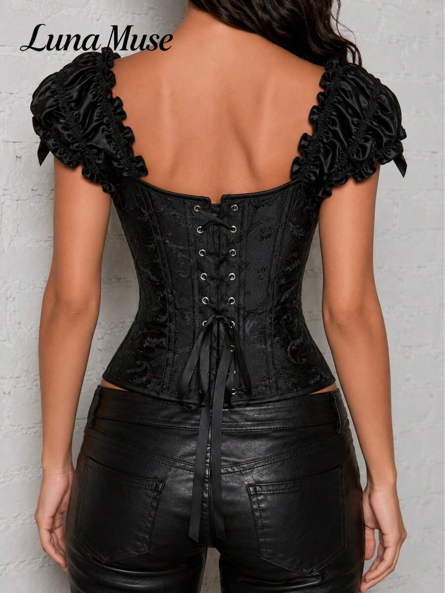Women's jacquard bustier top with sweetheart neckline, boned construction, backless tie-back detail, and slim fit gothic style design.