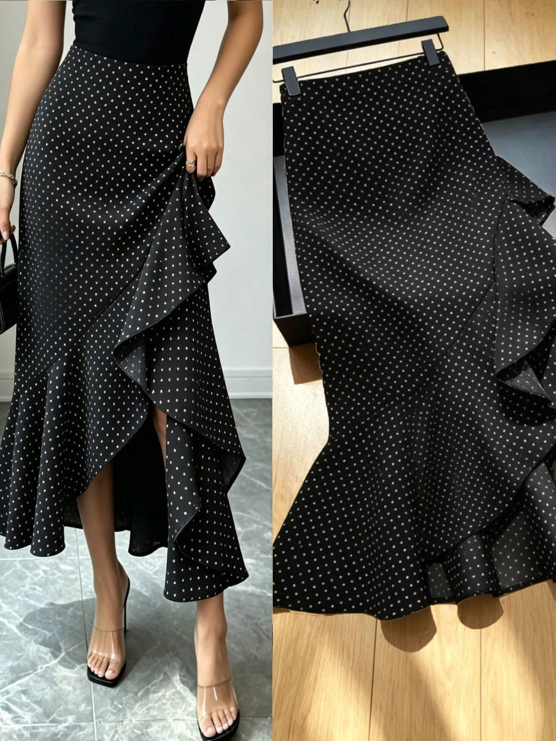 women's black long asymmetrical skirt with ruffle hem details and mid-waist loose fit