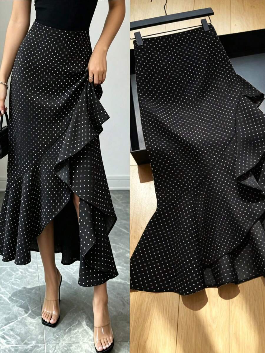 women's black long asymmetrical skirt with ruffle hem details and mid-waist loose fit