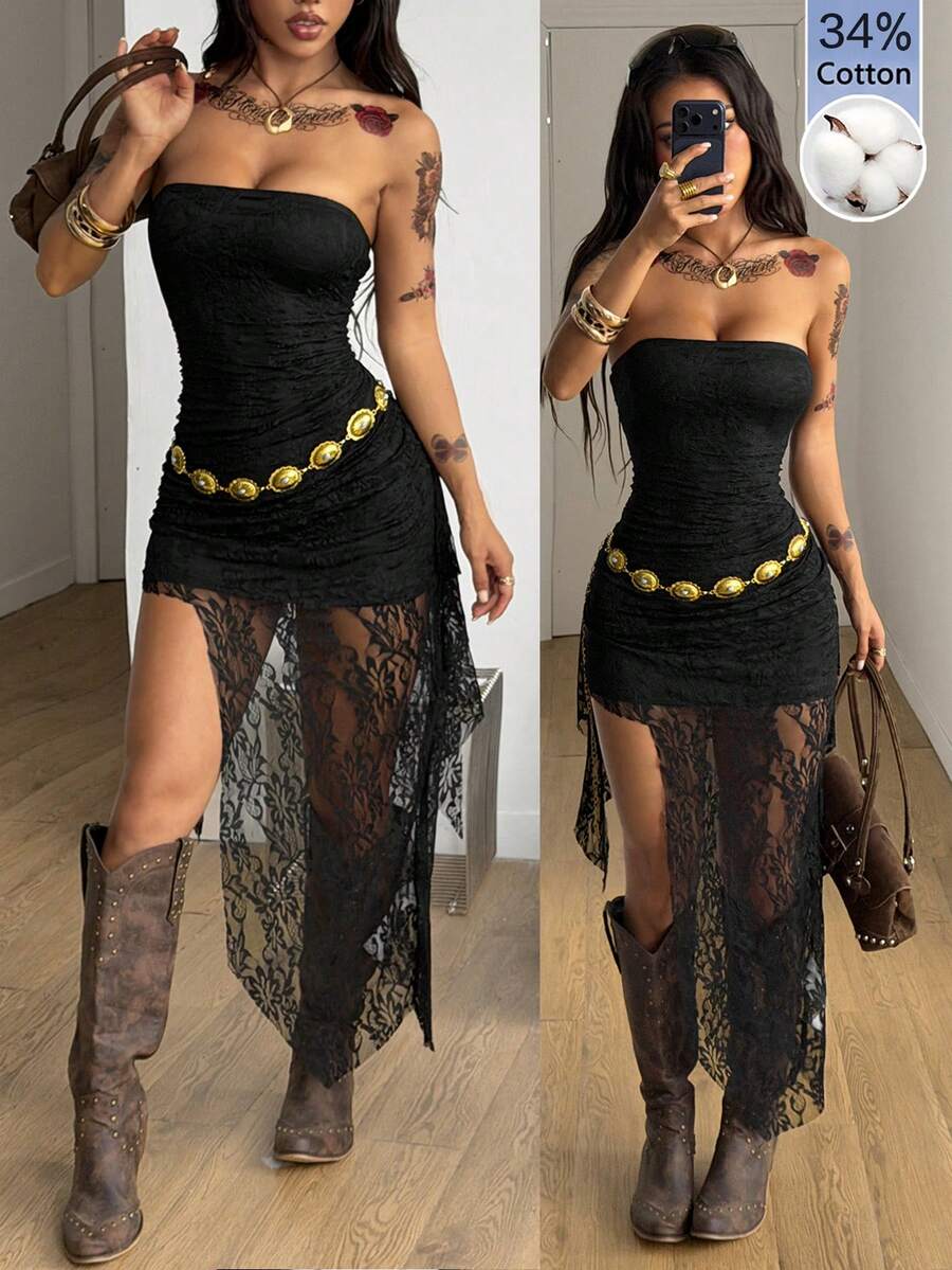 Black strapless lace asymmetrical long dress for women featuring ruched detailing, a split thigh, and a slim fit bodycon silhouette.