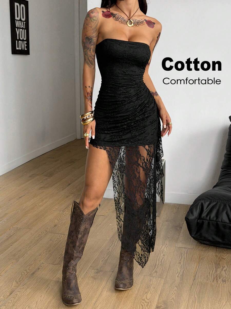 Black strapless lace asymmetrical long dress for women featuring ruched detailing, a split thigh, and a slim fit bodycon silhouette.