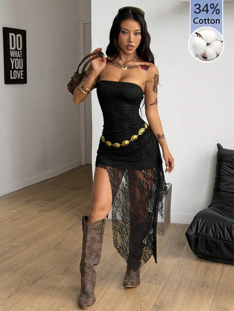 Black strapless lace asymmetrical long dress for women featuring ruched detailing, a split thigh, and a slim fit bodycon silhouette.