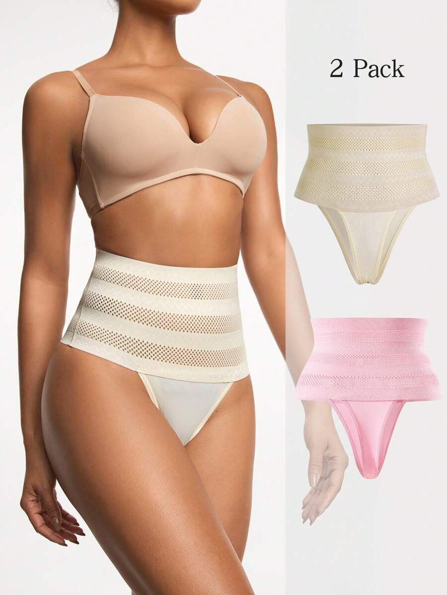 Women's apricot super high waist body shaping briefs featuring ultra light waist support and geometric pattern.