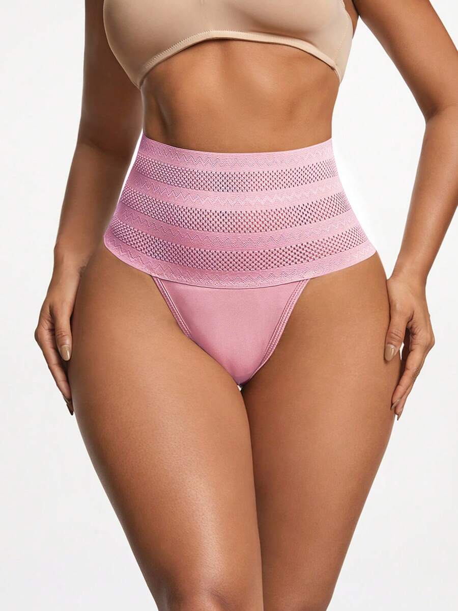 Women's apricot super high waist body shaping briefs featuring ultra light waist support and geometric pattern.