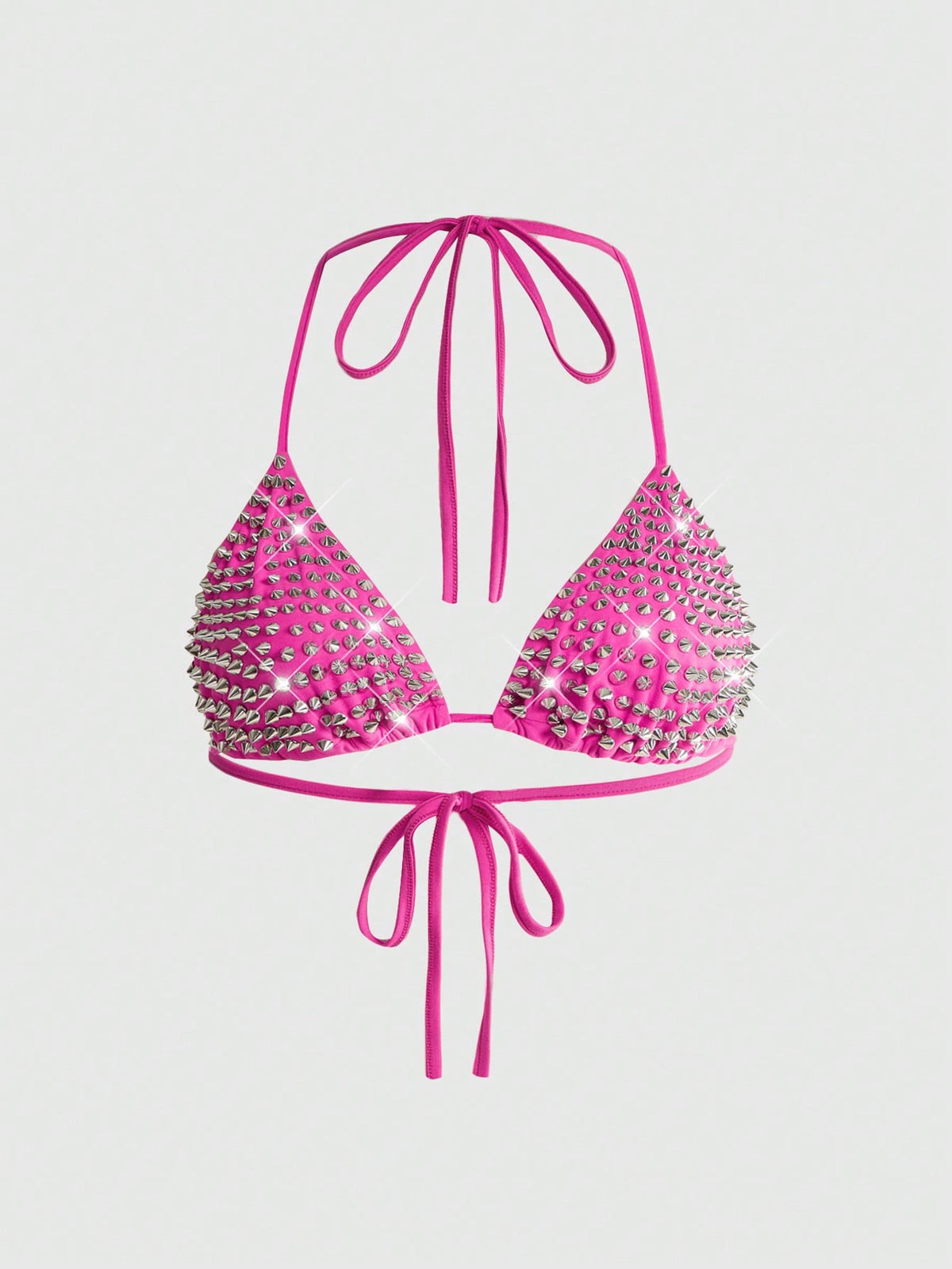 Black studded halter bikini top featuring a backless lace-up design, rhinestone accents, and high-stretch knitted fabric.