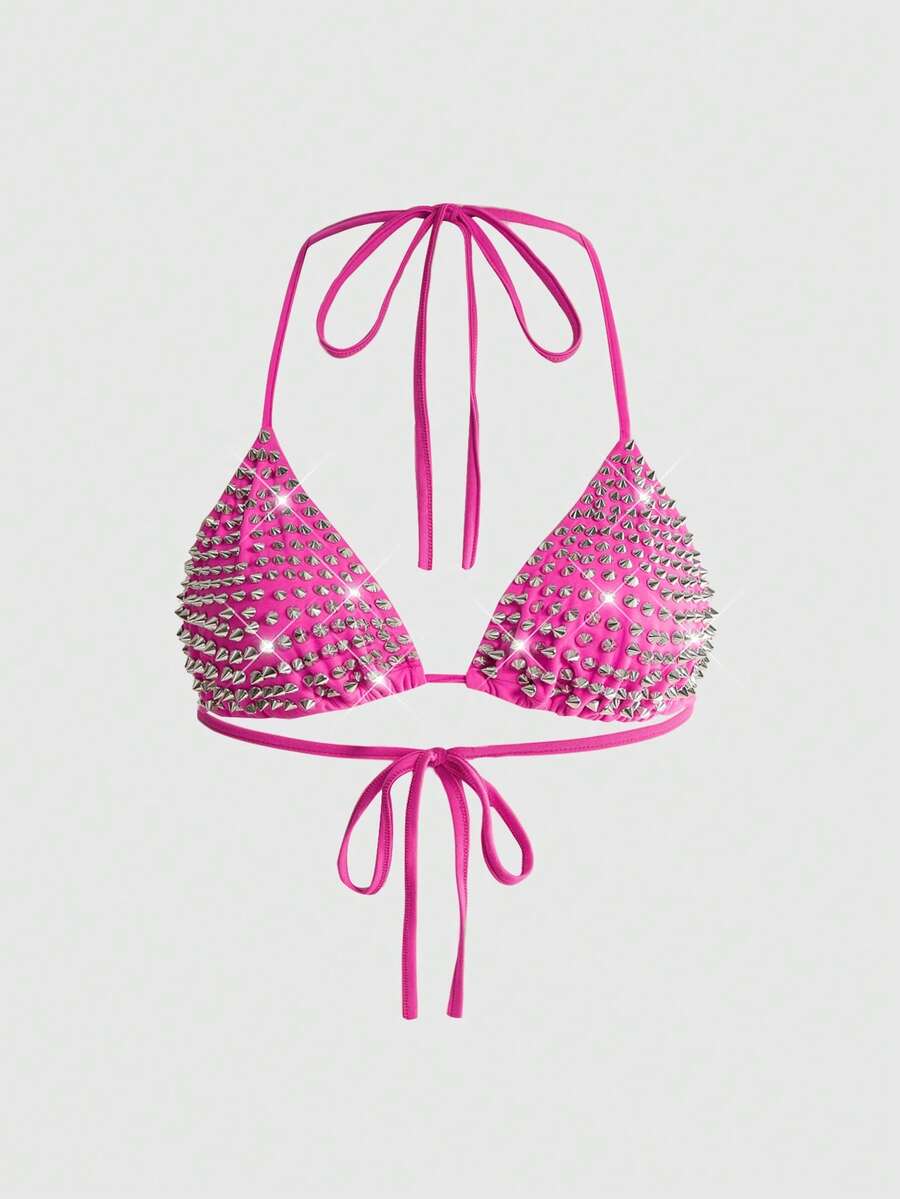 Black studded halter bikini top featuring a backless lace-up design, rhinestone accents, and high-stretch knitted fabric.