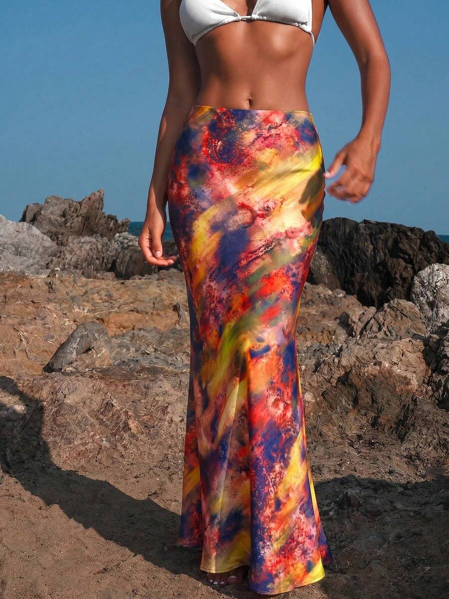 Women's black woven mermaid maxi skirt featuring a solid color design, mid waist, and 100% cotton fabric.