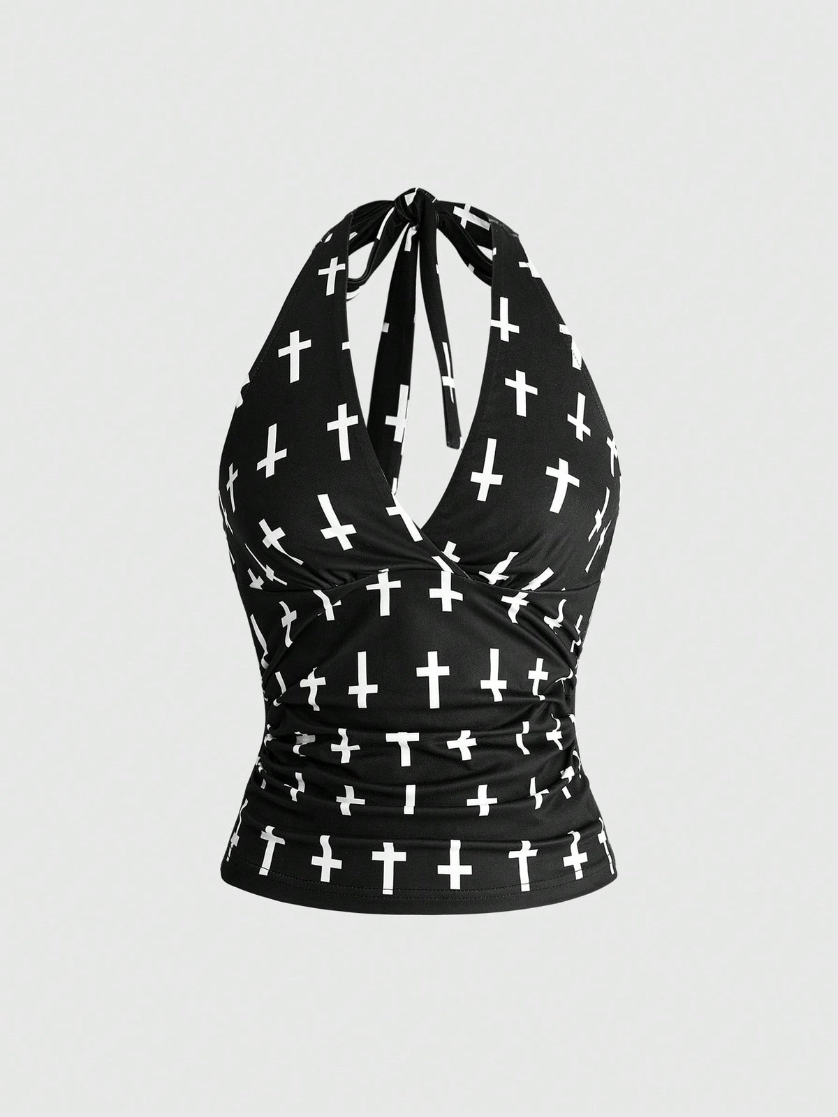 Women's halter crop tank top featuring a backless silhouette and ruched detailing in a slim fit design.