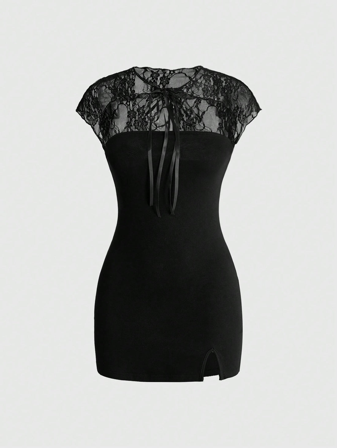 Women's black cheongsam collar bodycon mini dress featuring contrast lace patchwork, cutout details, cap sleeves, and a side split.