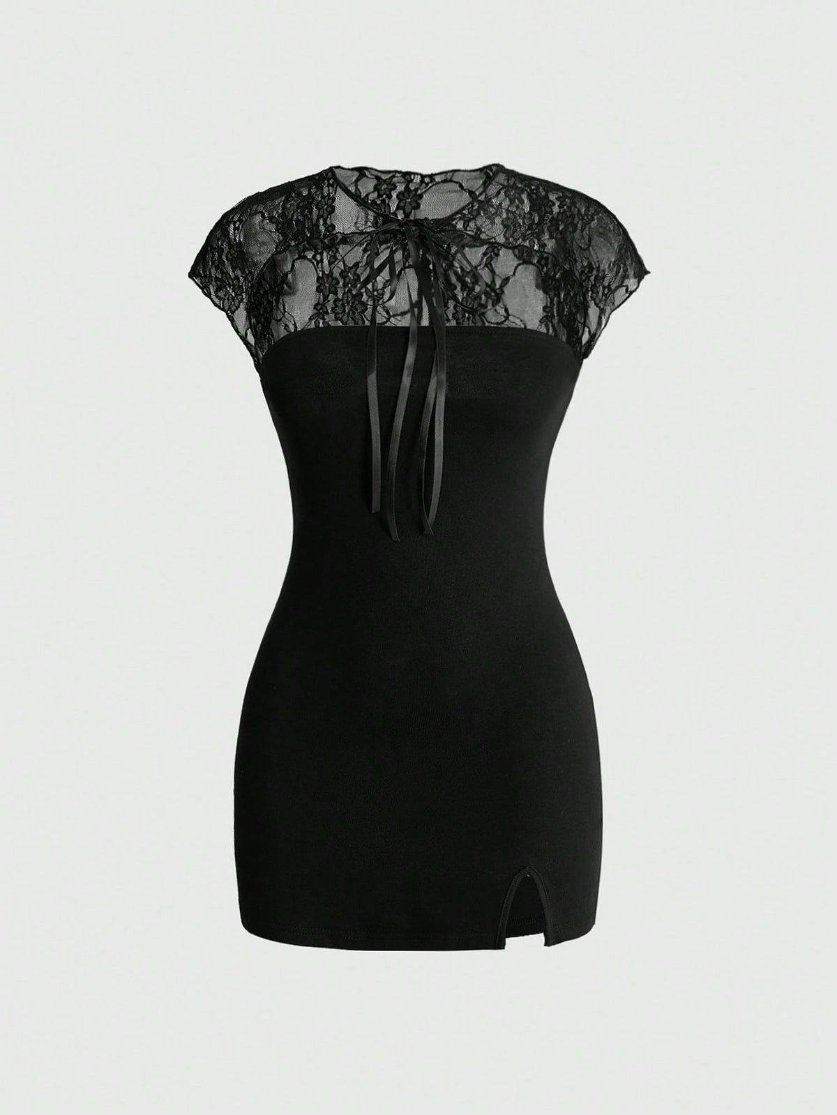 Women's black cheongsam collar bodycon mini dress featuring contrast lace patchwork, cutout details, cap sleeves, and a side split.