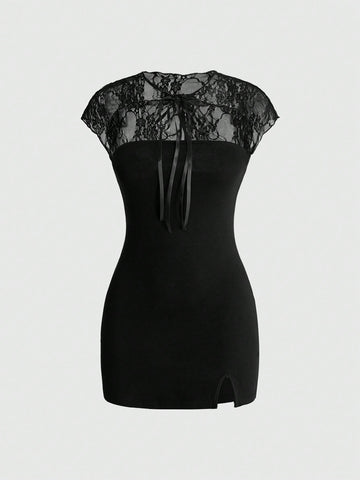Women's black cheongsam collar bodycon mini dress featuring contrast lace patchwork, cutout details, cap sleeves, and a side split.