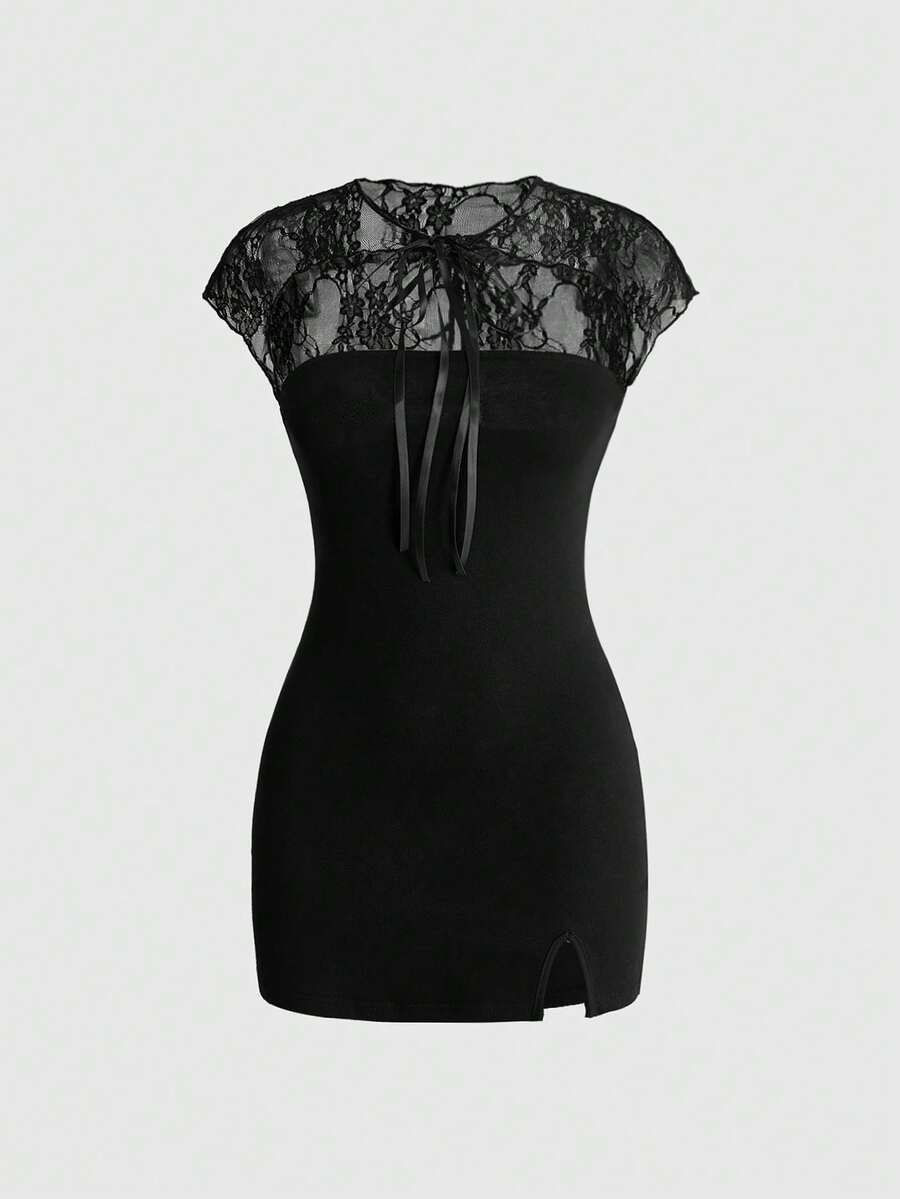Women's black cheongsam collar bodycon mini dress featuring contrast lace patchwork, cutout details, cap sleeves, and a side split.