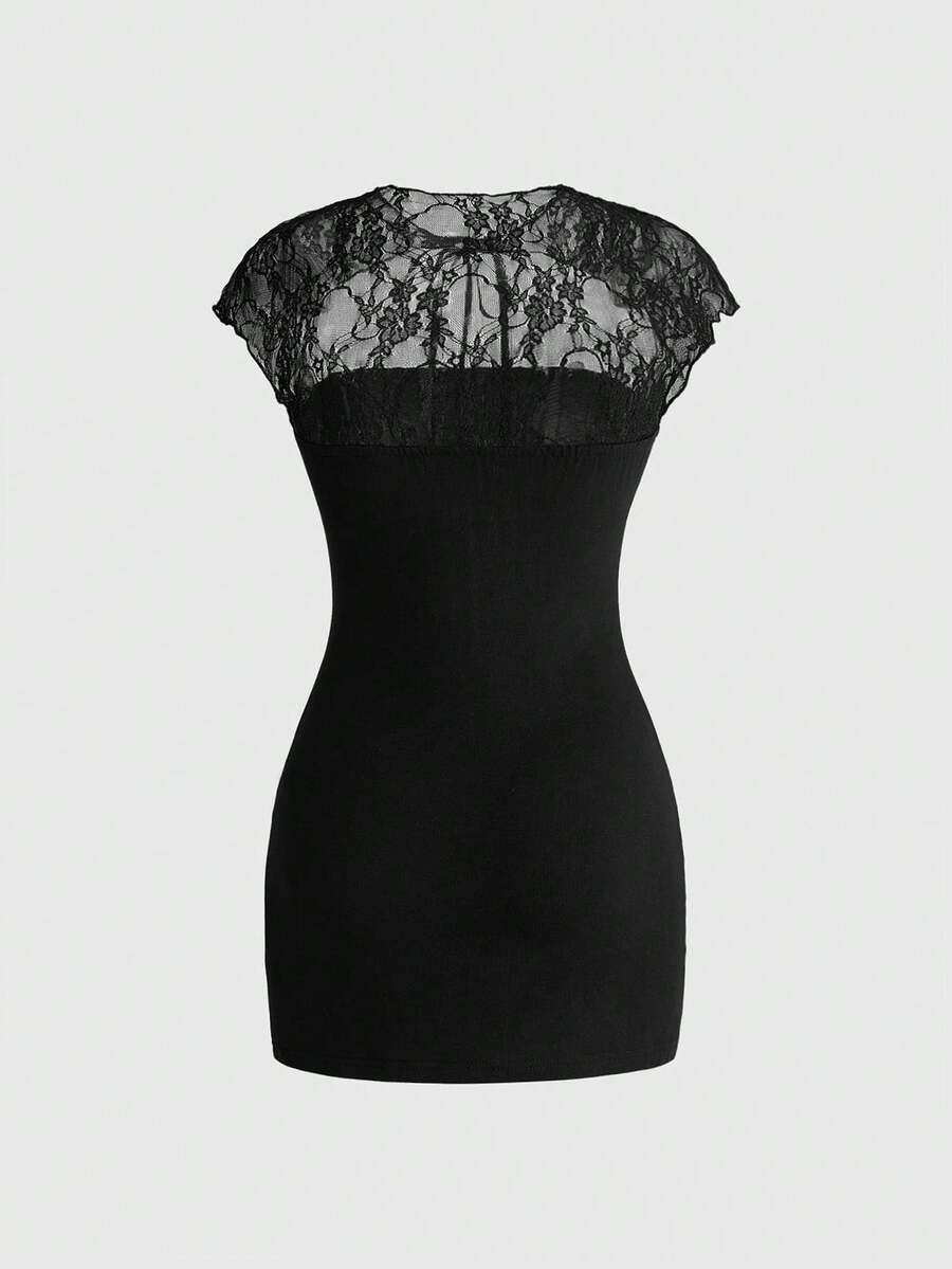 Women's black cheongsam collar bodycon mini dress featuring contrast lace patchwork, cutout details, cap sleeves, and a side split.