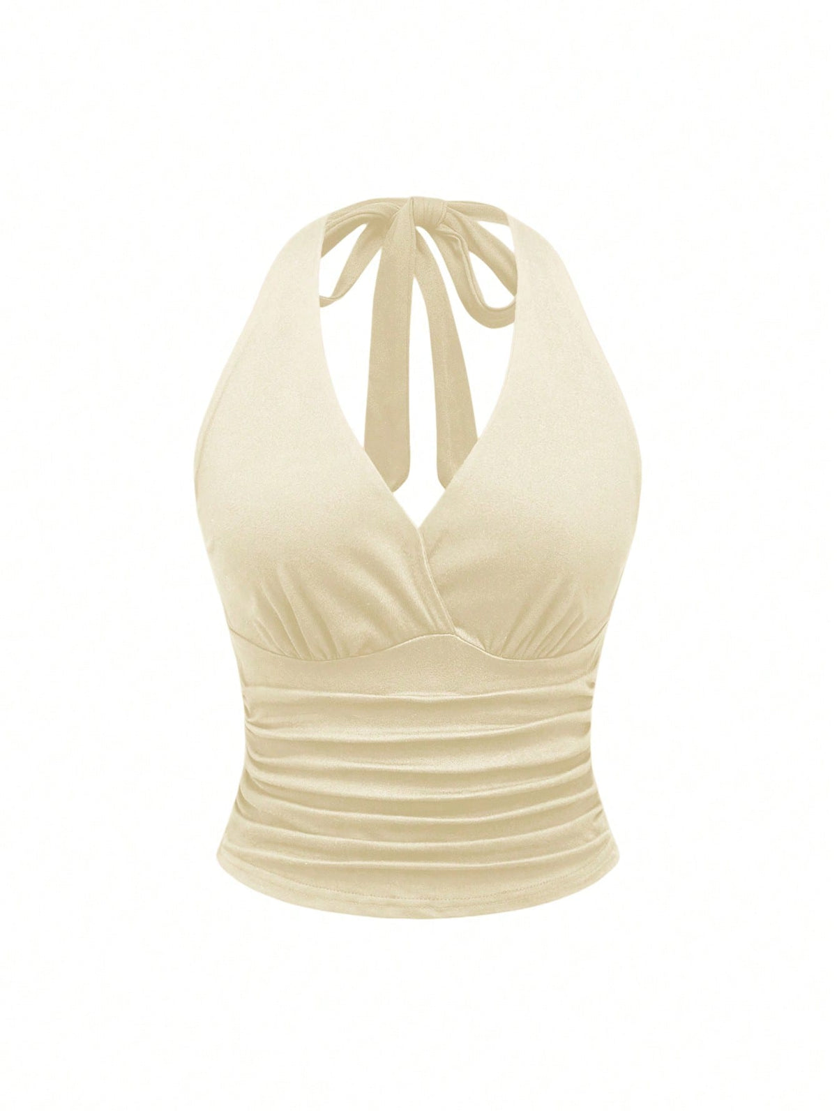 Women's halter crop tank top featuring a backless silhouette and ruched detailing in a slim fit design.