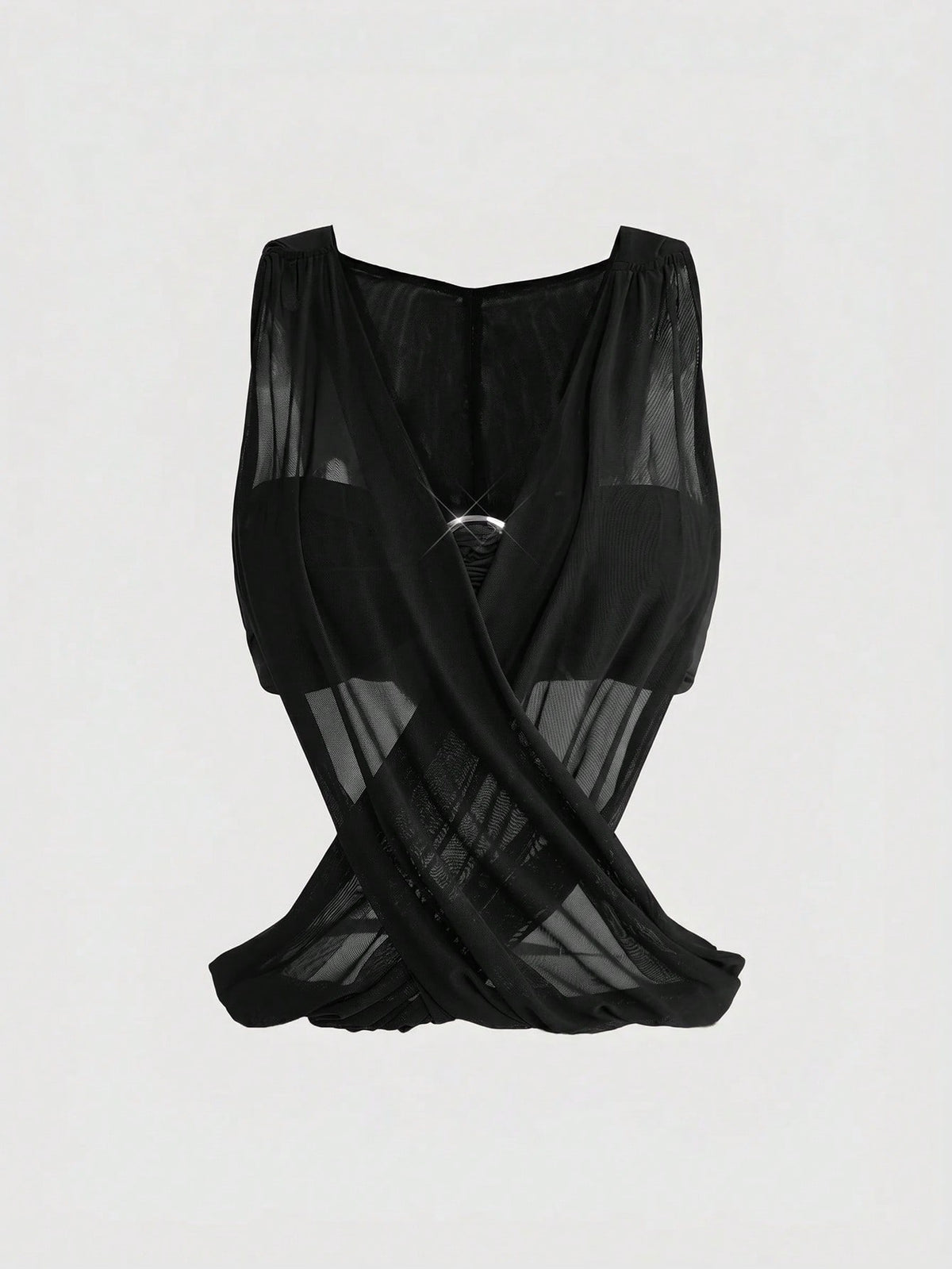 Women's black sheer hooded two-piece top set featuring a striped asymmetrical wrap design and sleeveless inner top.