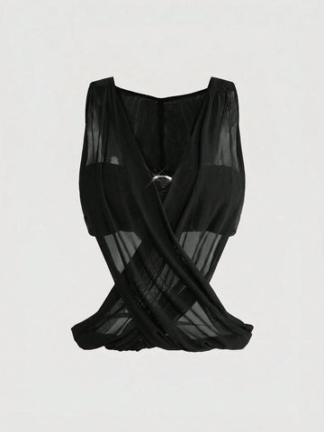 Women's black sheer hooded two-piece top set featuring a striped asymmetrical wrap design and sleeveless inner top.