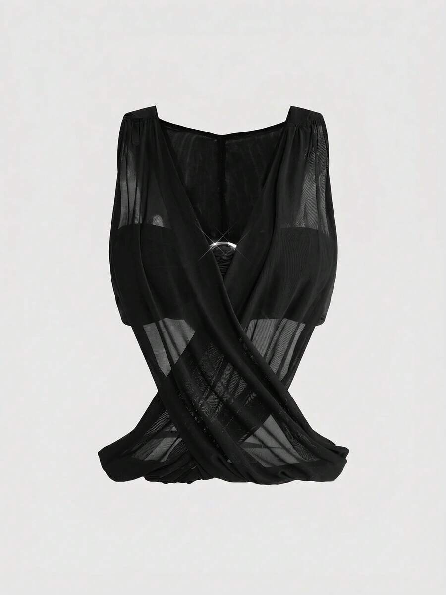 Women's black sheer hooded two-piece top set featuring a striped asymmetrical wrap design and sleeveless inner top.